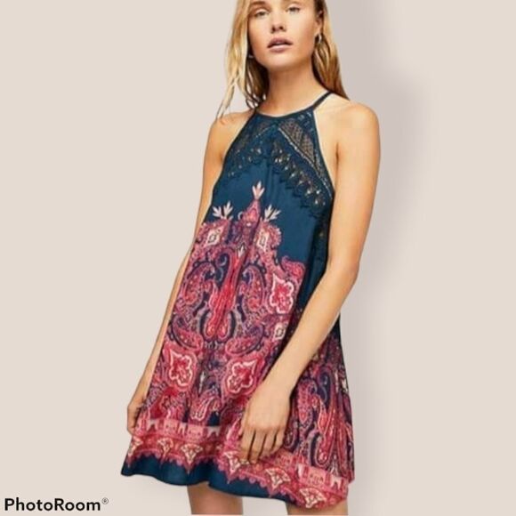 Free People Shea printed Navy Pink crocheted strappy tunic dress - Picture 2 of 7